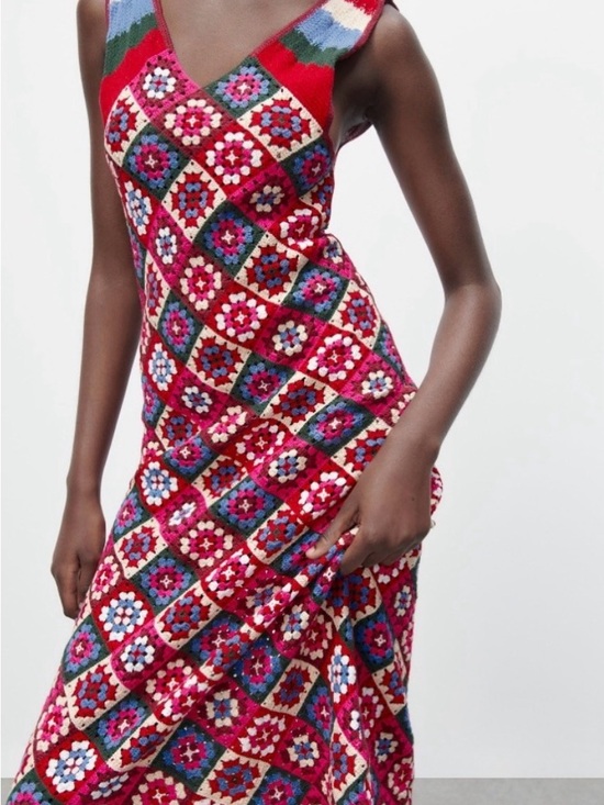 Zara Dresses & Skirts - ZARA Patchwork Crochet Granny Square Midi Dress V-Neck Multicolor Size M